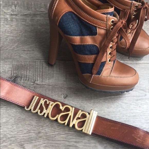 Roberto Cavalli Accessories - Just Cavalli Large blinged gold logo leather belt